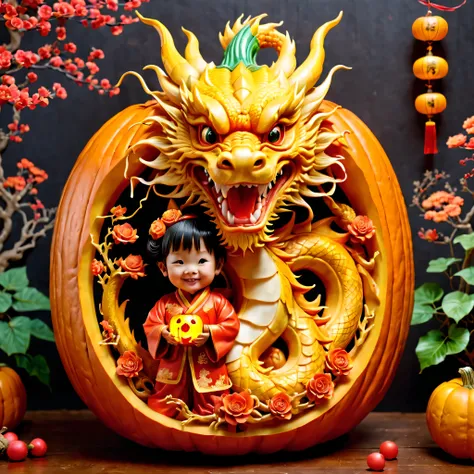 (Inside the pumpkin  carved a Chinese dragon and a cute child:1.3), Charming and Delightful Pumpkin Carving，a big pumpkin，It  engraved with a child and a Chinese dragon，Children wearing traditional Chinese clothes，smiling，Holding a small lantern，standing p...