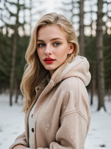 Photograph of a stunning 23 year old girl , wearing a nice sweater with a winter jacket,European face, blondes Haar ,in einem detaillierten Wald mit Schnee im Hintergrund(Meisterwerk), best quality, high resolution, extremely detailed background, Haut mit ...