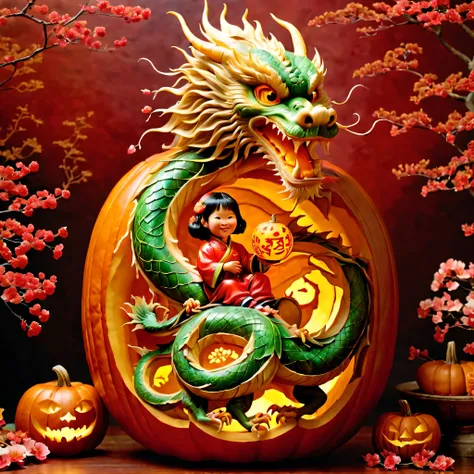 (Inside the pumpkin  carved a Chinese dragon and a child.:1.3), Charming and Delightful Pumpkin Carving，a big pumpkin，It  engraved with a child and a Chinese dragon，Children wearing traditional Chinese clothes，smiling，Holding a small lantern，standing playf...