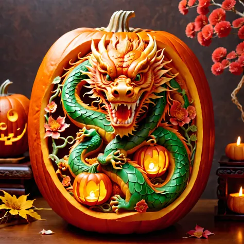 (Inside the pumpkin  carved a Chinese dragon and a child.:1.3), Charming and Delightful Pumpkin Carving，a big pumpkin，It  engraved with a child and a Chinese dragon，Children wearing traditional Chinese clothes，smiling，Holding a small lantern，standing playf...