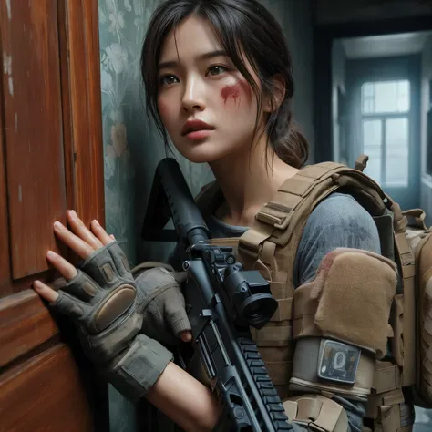 photorealistic、realistic skin texture、automatic rifle、scratch