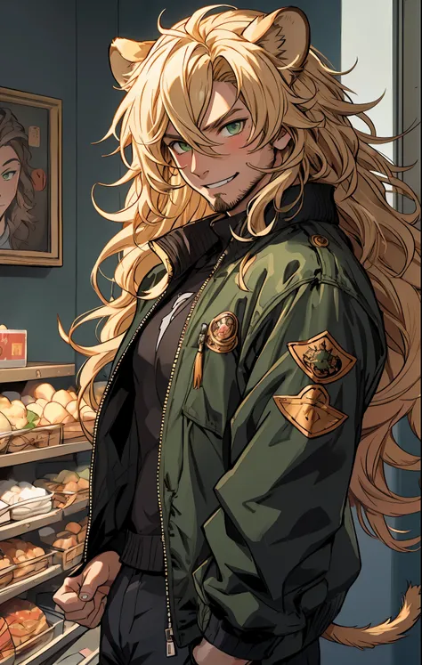 One male, lion ears, long hair, blond, blond hair, green eyes, tall, muscular, black bomber jacket, beautiful face, highest quality, masterpiece, 2d, anime, perfect face, highest detail, feline eyes, stubble, lion tail, wavy hair, cowboy shot, intricate de...