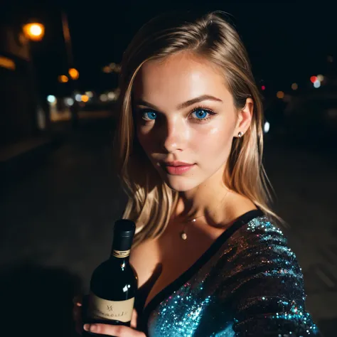 (selfie, top view: 1.4), (straight half of the body: 1.4), RAW UHD portrait photo of a 24-year-old blonde (blue-eyed woman) walking down a dark alley, large breasts,, city at night, (lingere), (neckline), details (textures! ,brown hair! , glitter, color!! ...