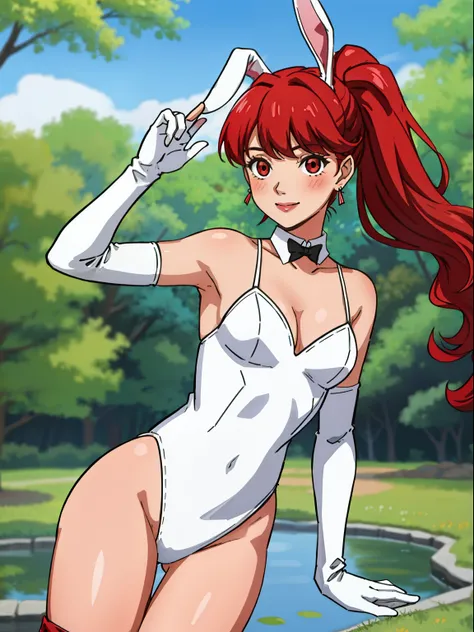 kasumi, red hair, pony tail, red eyes ,1girl, solo, small breasts, ,earrings glossy lips ,looking at viewer, blush, large breasts, nature, pond, trees, park, long white elbow satin gloves, holding, animal ears, cleavage, bare shoulders, jewelry, very l, ge...