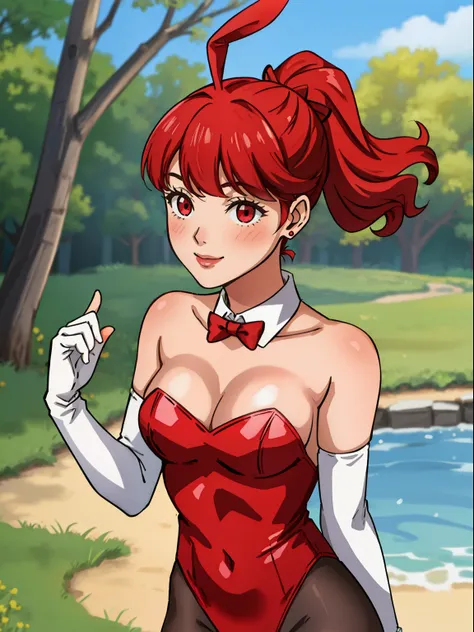 kasumi, red hair, pony tail, red eyes ,1girl, solo, small breasts, ,earrings glossy lips ,looking at viewer, blush, large breasts, nature, pond, trees, park, long white elbow satin gloves, holding, animal ears, cleavage, bare shoulders, jewelry, very l, ge...