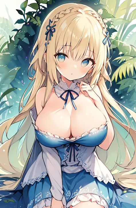 ((huge breasts、huge breasts)), beautiful breasts、(big breasts),Super detailed、#3b4195 background、beautiful flower、berry、Fern、leaf、Watercolor pattern in calm colors、(watercolor texture)、(1 girl)、long hair、cute、 short, petite, pretty woman, 、 super detailed ...