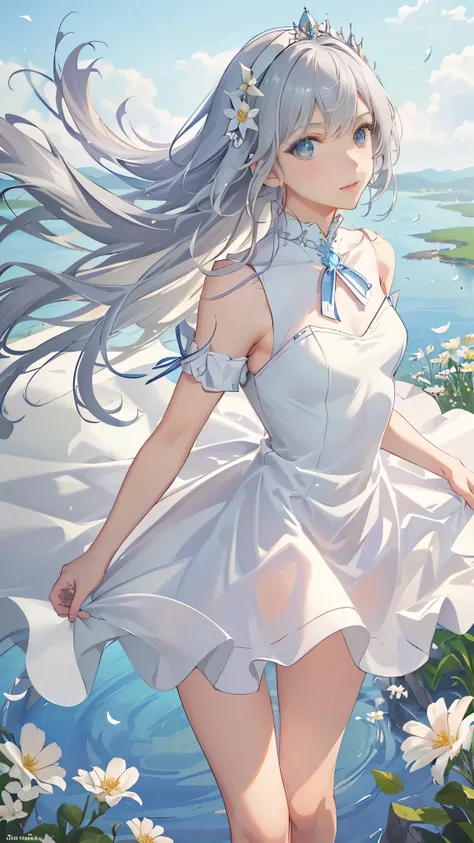 highest quality, fine texture, fine-grained, realistic facial expression, fine skin, anime, girl, gentle eyes, sexy, mix, model, figure, portrait, knee up, ticker, Semi-real, Princess, dress, white dress, Fair skin, Wind flower, grassland, Water lakes, sun...