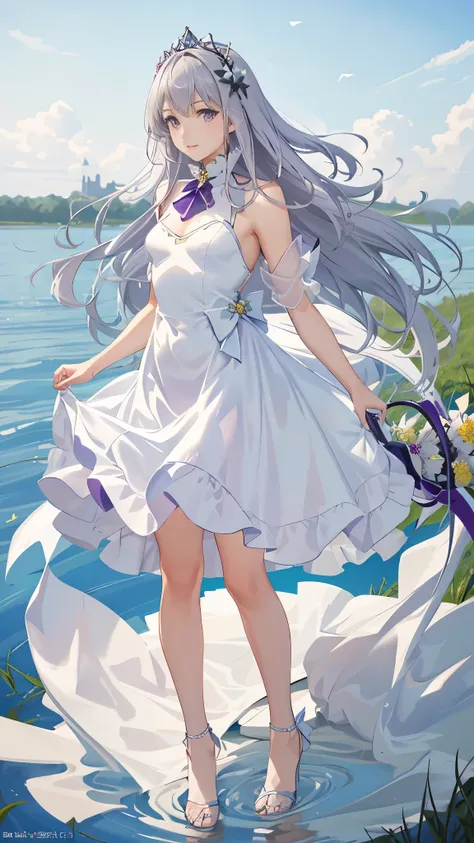 highest quality, fine texture, fine-grained, realistic facial expression, fine skin, anime, girl, gentle eyes, sexy, mix, model, figure, portrait, knee up, ticker, Semi-real, Princess, dress, white dress, Fair skin, Wind flower, grassland, Water lakes, lig...