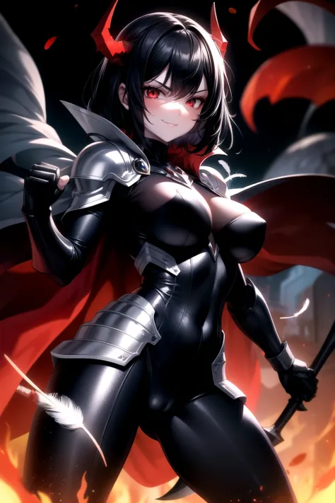  1girl,large breasts, solo,short black hair,red eyes,black theme,smirk,feather ,bodysuit ,shoulder armors,pale skin,shiny cloth ,demon horn,axe in hand,cape,fighting stance ,flame in background 