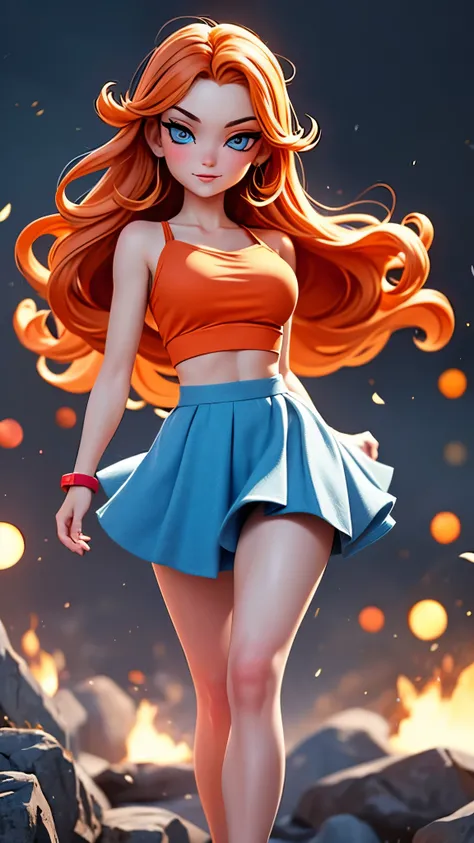 Full frontal teen female in a short and tight-fitting spaghetti strap top and short frilly skirt, Long voluminous blazing burnt orange hair flowing in the wind . Eyes are a piercing blue.she is winking mischievously at the camera. ambient lights. Running s...