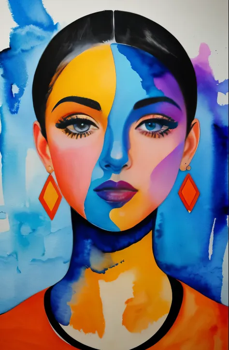 painting of a woman with an indigo and orange face, sylvia pelissero watercolors, tumbler, figurative art, intense watercolor pa...