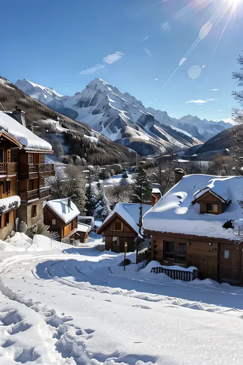 village de montagne enneigé, mountain chalais, Maison de montagne, temps ensoleillé, belle vue