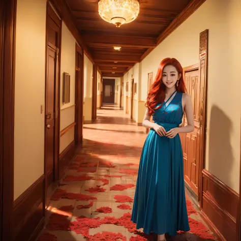 (best quality,4k,8k,highres,masterpiece:1.2),ultra-detailed, red haired Chinese college student, Dilraba Dilmurat, flowery blue sundress, smiling, school hallway, HDR, 8k, absurdres, cinestill 800, sharp focus