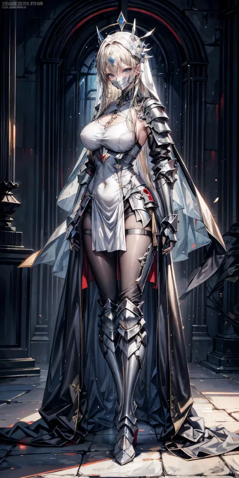 nun wearing iron mask+，Long, flowing blonde hair,（Put on the iron mask：2.0）and armor，Wearing an iron mask and armor，Metal heels，long face，long face，long face shape