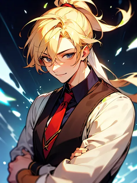 ((best quality)), ((muste piece)), perfect face,((1 male)),solo,20代の男性,Handsome guy,dynamic angle,adult,blonde,tied hair,smile,ponytail,