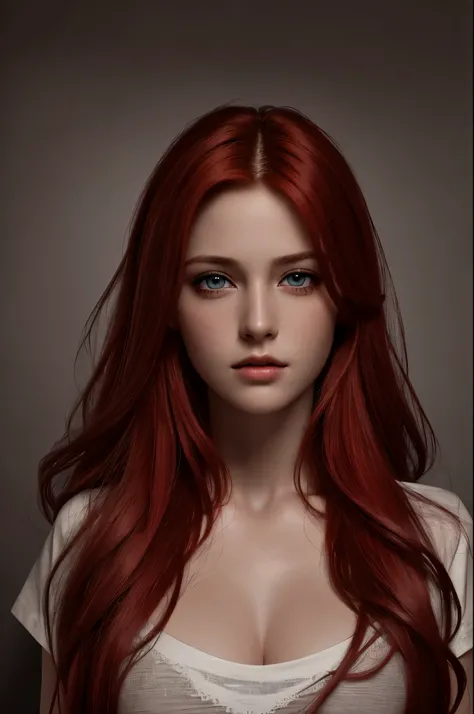 Best quality, masterpiece, ultra high res, (photorealistic:1.37), raw photo, 1girl, long hair, beautifull eyes,  beautifull face, detailed eyes and face, t-shirt, dynamic lighting, in the dark, deep shadow, low key, cowboy shot, red hair, see a piece of bo...