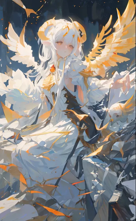 (Photorealistic:1.3), ​masterpiece, top-quality, (intricate detailes:1.2), (landscapes:1.3), 美丽的面容, (white theme:1.3),
1girl, priestess clothes, yellow sheep horns, demon horns, angel, many wings, ((((seraphim)))), biblically accurate angel, white hair, mi...