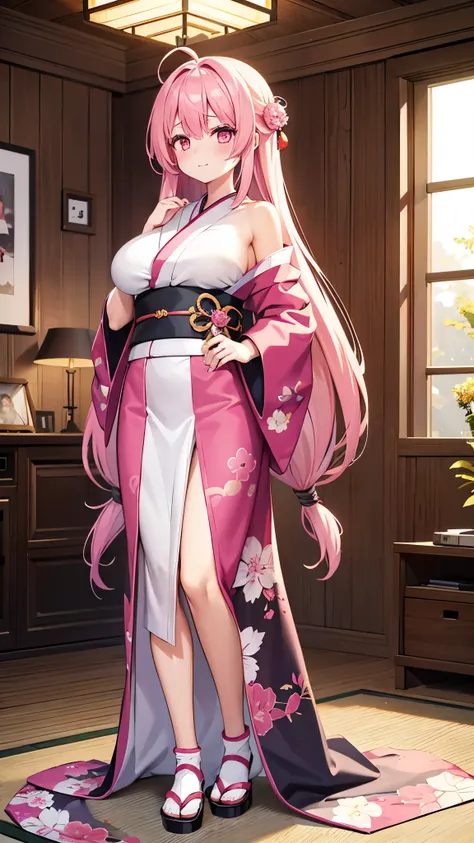 1 girl, game cg, gorgeous kimono, shoulders visible, gigantic breasts, pink hair, long hair, straight hair, ahoge, pink eyes, shy, happy, living room, standing, full body,