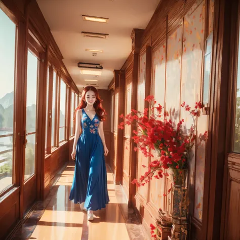 (best quality,4k,8k,highres,masterpiece:1.2),ultra-detailed, red haired Chinese college student, Dilraba Dilmurat, flowery blue sundress, smiling, school hallway, HDR, 8k, absurdres, cinestill 800, sharp focus