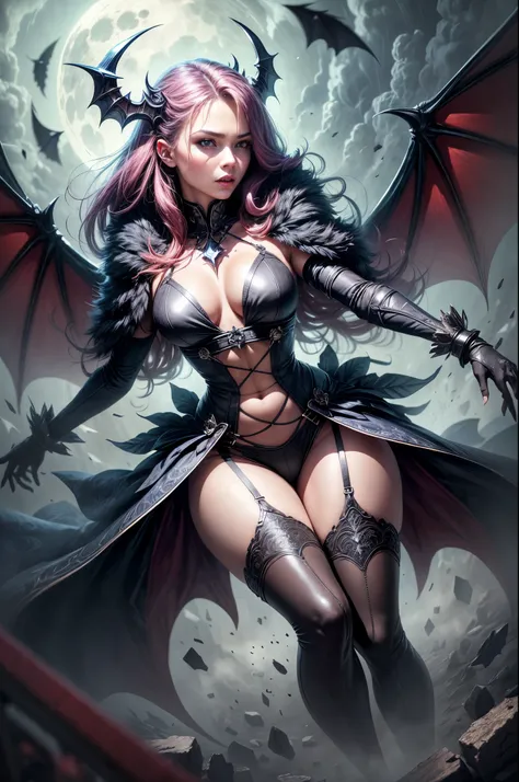 (best quality,4k,8k,highres,masterpiece:1.2),ultra-detailed,(realistic,photorealistic,photo-realistic:1.37), (girl like a bat out of hell), full body, intense expression, demon Wings, flowing hair, dark clothes, dramatic lighting, high contrast, powerful d...