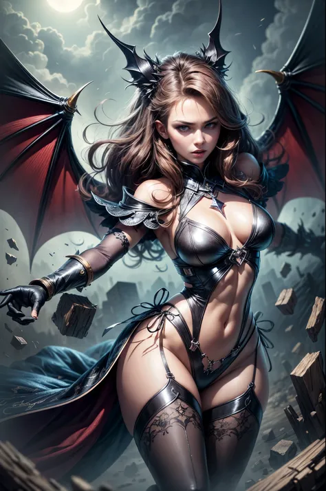 (best quality,4k,8k,highres,masterpiece:1.2),ultra-detailed,(realistic,photorealistic,photo-realistic:1.37), (girl like a bat out of hell), full body, intense expression, demon Wings, flowing hair, dark clothes, dramatic lighting, high contrast, powerful d...