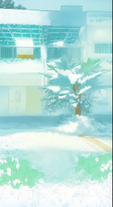 floor covered with snow and the shades of building on the left side covered with snow snow fall winter scene with a snow man in the center of the floor the palm trees and the other trees with clear green bushed with snow on them fog in background and yello...