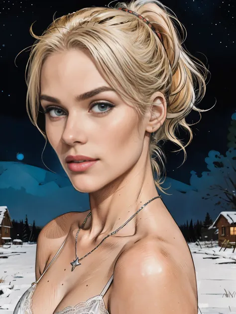 A self-portrait sketch of One ultra hot gorgeous European women, age 23, blonde hair with a ponytail wearing dheer lace lingerie, silver necklace. She’s a playmate, men magazine model.slim body.
Outside In a snowy village, winter landscape, starry night, n...