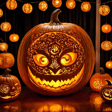 Pumpkin carving, Cutting art, Lanterns made from cut pumpkins, complex magic circle, (masterpiece), (highest quality), (Ultra high detail)