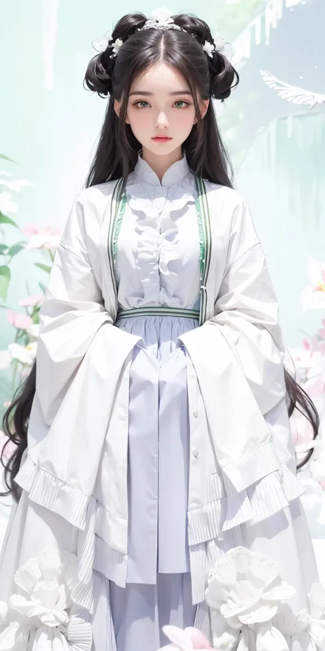 1girl, black hair, green eyes, high quality, ultra detailed, masterpiece, realistic,clothes 