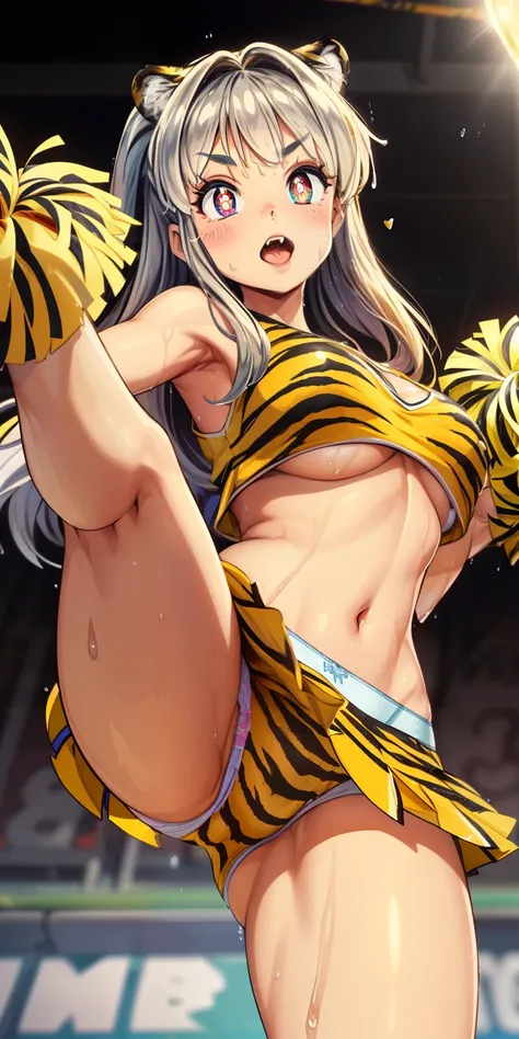 ram invader, detailed breasts,open your mouth wide and stick out your tongue、Drool、 anime dick, (tiger print cheerleader: 1.2), leg high kick、（white panties:1.4）,muste piece, best quality, open mouth, tooth, ultra-detailed breasts, Yellow eyes, cute eyes, ...