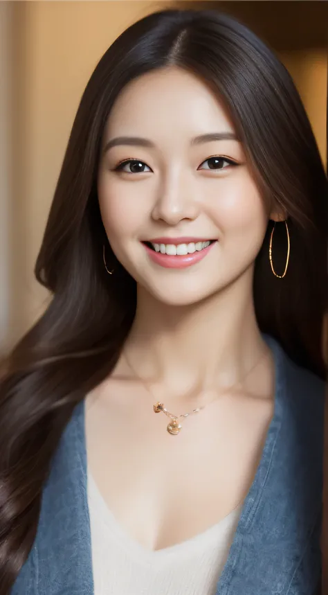 hostess face、Casual winter attire、High quality、Super realistic、healthy、smiling expression、perfect slender figure、Japanese beauty、 necklace、perfect eyes beautiful skin、upper part of the body、in nature