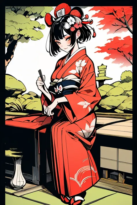 Ultra detailed illustration of a beautiful Japanese woman, wearing Maiko clothes and makeup, art by Mschiffer, (cel shaded) full body, japanese garden