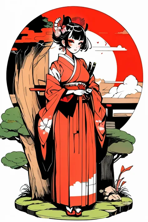 Ultra detailed illustration of a beautiful Japanese woman, wearing Maiko clothes and makeup, art by Mschiffer, (cel shaded) full body, japanese garden