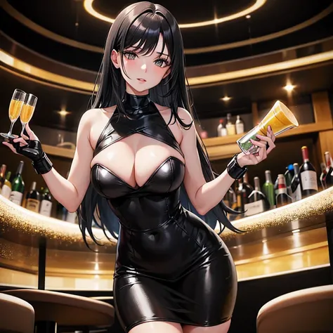 woman with black hair, black sexy tight dress, in nightclub, drinking champagne, body facing camera