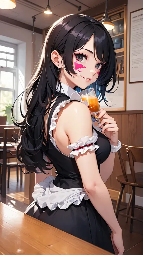 最high quality、best image quality、masterpiece、teenage girl((18-year-old、 by becoming、vest bust、medium bust,wide open breast tea、black eye, black hair、long hair、thin,highest valley、cute makeup、Pink maid clothes、best smile、Rear view、blue face paint、Yellow fac...