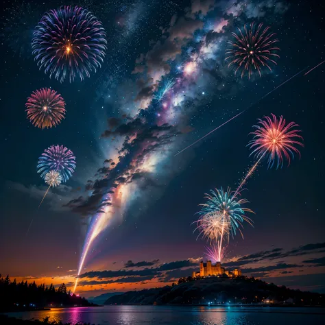 galaxy colorgalaxy spacious nebula dark _night_sky (splendid fireworks bloom in the dark night sky background) moonset moonrise ...