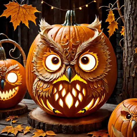 Pumpkin carving, Cutting art, Lanterns made from cut pumpkins, complicated cute owl face, (masterpiece), (highest quality), (Ultra high detail)