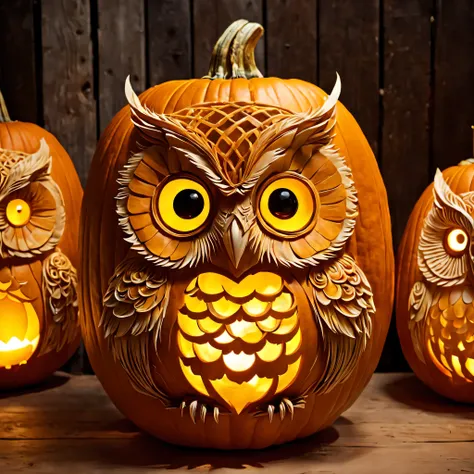 Pumpkin carving, Cutting art, cutting work, Lanterns made from cut pumpkins, complicated cute owl face, (masterpiece), (highest quality), (Ultra high detail)