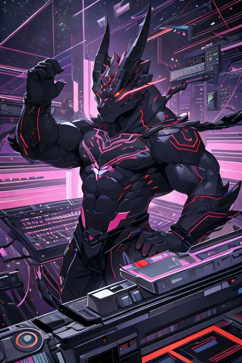 masterpiece, best quality, perfect anatomy, (detailed eyes:1.2), (Red Raptor), male, solo, cables as tenacles from back, glowing eyes, floating in air, digital_space, binary, glitchy, glitch creature, liquid, detailed background, Evil, Mischief, kemono, so...