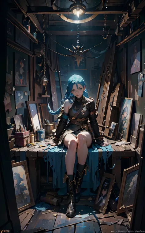 (Evangeline Lilly:Margot Robbie) is jinx from league of legends, sitting in a throne made of junk, pale skin, blue messy hair with long breads, boots, skinny body, small breasts, Full body, Beautiful anime waifu style girl,hyperdetailed painting, luminism,...