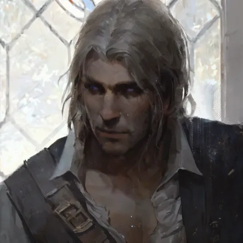 have long hair、man in a vest, portrait of geralt of rivia, the that wizard concept art, geralt of rivia, geralt, portrait of fin...