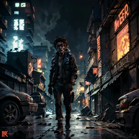 visage de diable dans fumée, cover album de rap, ville détruite, ambiance apocalyptique, style cyberpunk, pollution et fumée env...