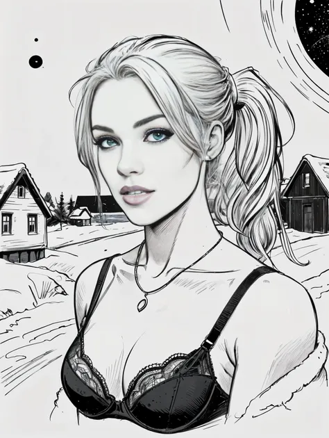 One ultra hot gorgeous European women, age 23, blonde hair with a ponytail wearing dheer lace lingerie, silver necklace. She’s a playmate, men magazine model.
Outside In a snowy village, winter landscape, starry night, northern lights.

Perfect anatomy, pe...