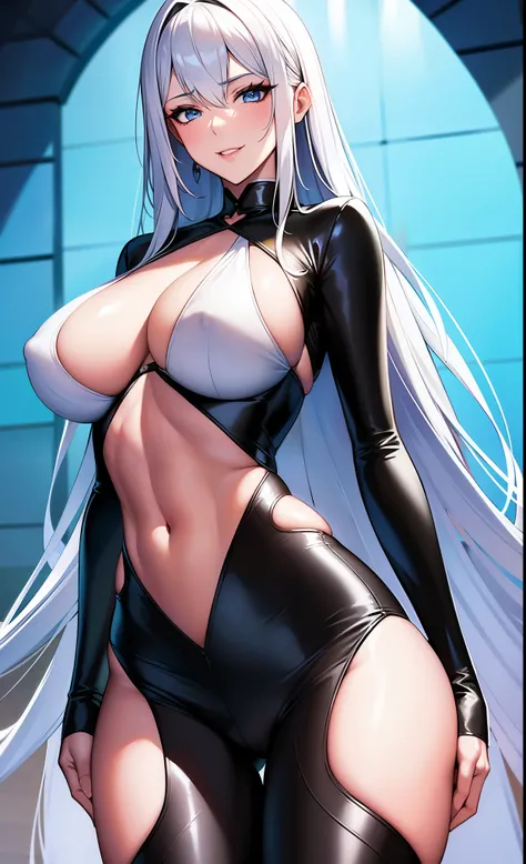 best quality, ultra high resolution, NSFW, hyper-detailed, intricately detailed, masterpiece, anime style, beautiful woman, tall, mature, mature woman around 28, white woman milf, silver (white) hair, long hair, hair smooth, dragon eyes, sapphire blue eyes...