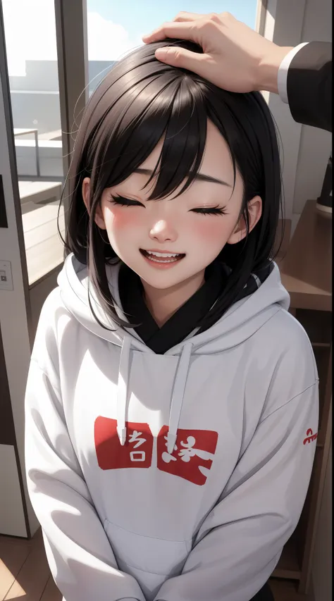 masterpiece, Surreal, hoodie, head部倾斜, 眼睛之间的head发, laughing out loud, open mouth, squint, 1 girl, alone, with one eye closed, 抬head仰望, backlight,Alternative colors, 交替head发长度, blushing perspective, head