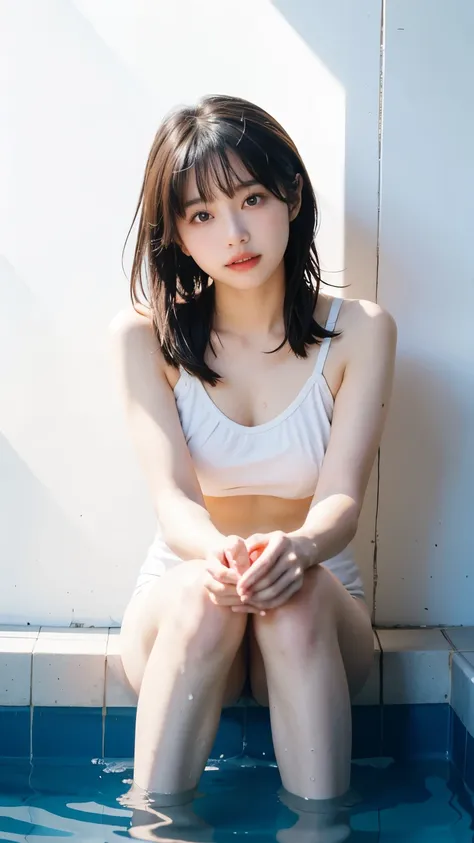 1 girl,moyou,Bangs hairstyle,face,white background,笑face,,big breasts、school pool、school swimwear、from the knees up、blue sky、inside the pool、wet with water、（Gravure idol pose）