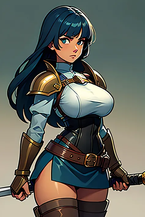 ((masterpiece, best quality)), (1girl), (solo), (female focus), long hair, swept bangs, dark blue hair, green eyes, tan skin, huge breasts, knight, armor, gauntlet, shoulder pads, leather breastplate, corset, grey shirt, leather belt, dragon emblem, sword ...