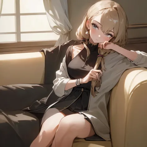 ((Best quality, 8k, Masterpiece :1.3)), 1girl, Pretty woman with emphasizing slender abs :1.3, Casual outfit :1.2, Indoor, Ultra-detailed face, Detailed eyes, Double eyelid , on couch, headpat