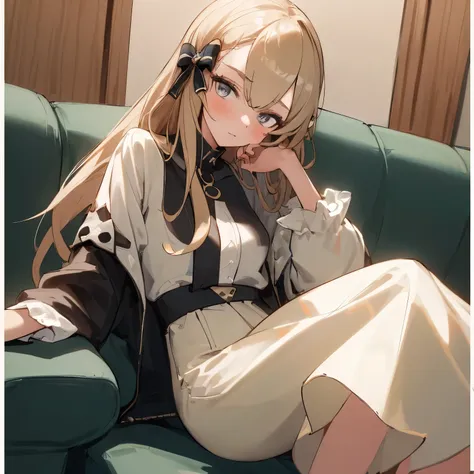 ((Best quality, 8k, Masterpiece :1.3)), 1girl, Pretty woman with emphasizing slender abs :1.3, Casual outfit :1.2, Indoor, Ultra-detailed face, Detailed eyes, Double eyelid , on couch, headpat