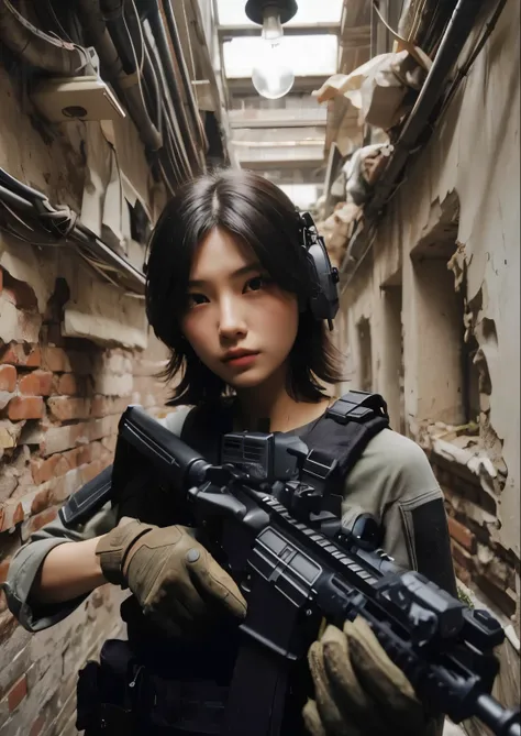 photorealistic、realistic skin texture、automatic rifle、scratch